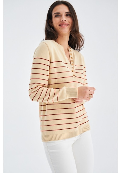 Peraluna Beluga Pullover %100 Pamuk Yazlık Kadın Triko Kazak Koyu Krem/tarçın-koyu Krem Koyu Krem