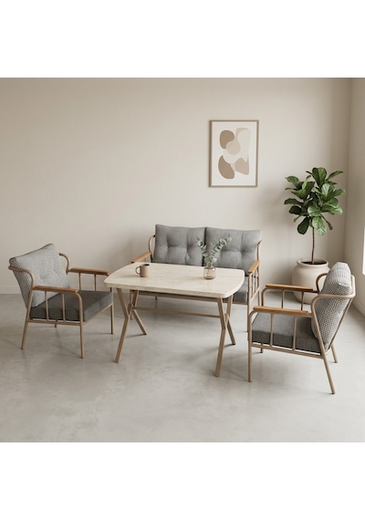 Paris 2+1+1+ 70x120 Traverten Masa Metal Balkon Takımı Keten Dokulu Kumaş Cappuccino Metal - Bahçe Teras Oturma Grubu Gri - Antrasit