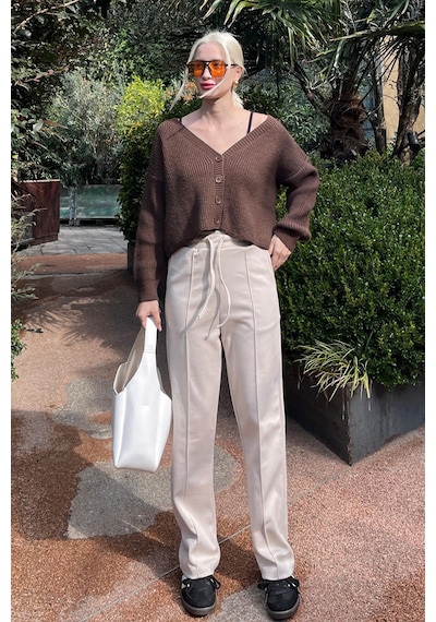 Madmext Bej Beli Ayarlanabilir Geniş Paça Pantolon Mg2215 Bej