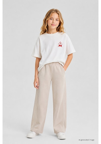 TOMMYLIFE Bej Biye Detaylı Basic Palazzo Kız Çocuk Eşofman Alt - 75195