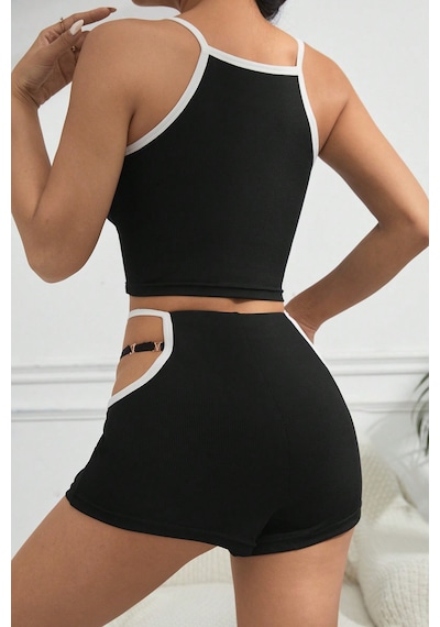 Epilons Zenviaatt2 Kadın Siyah Beyaz Şortlu Cut-out Detaylı Gecelik Takımı Zenvi312