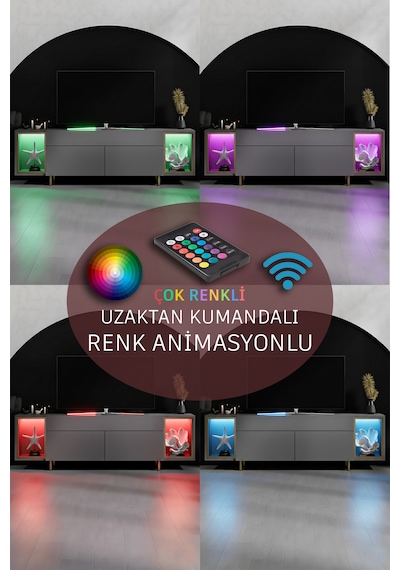 Zenith Gold Demir Ayaklı Rgb Led Işık Sistemli Antrasit Tv Ünitesi Tv Sehpası Antrasit - Altın
