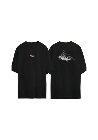 Thewert Unisex Scuba Dalış Çizimi Ön Arka Baskılı Sıyah Oversize T-shirt Siyah