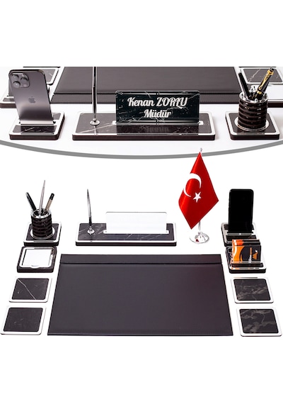 11 Parça Türk Bayraklı Mermer Desen Ahşap Sümen Takımı Masa İsimliği Deri Sümen Seti - Gümüş