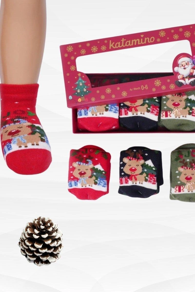 Katamino 3 Çift Unisex Kutulu Yılbaşı Hediyelik Yeni Yıl Temalı Çocuk Soket Havlu Çorap