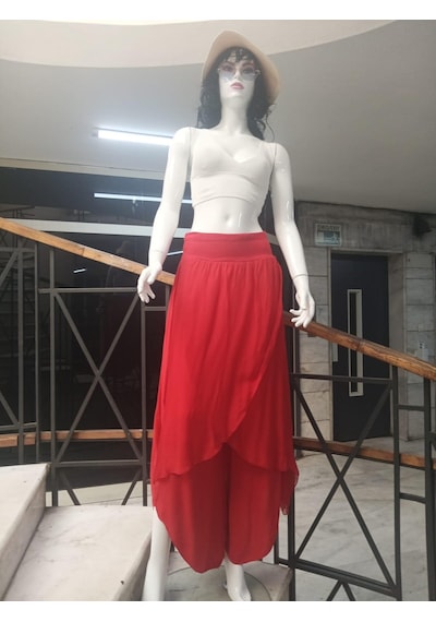 Bohem Stil Kadın Asimetrik Kapaklı Ipek Şalvar Pantolon-8775 Kırmızı