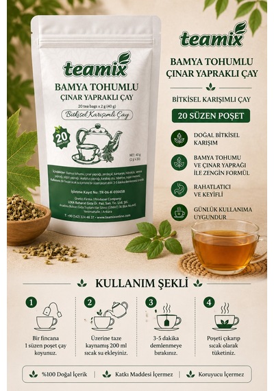 Bamya Tohumlu Çınar Yapraklı Bitkisel Karışımlı Çay 20 Süzen Doypack Ambalaj