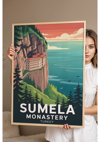 Sümela Manastırı Tablo - Retro Travel Poster - Trabzon Şehir Serisi Duvar Dekoru - Çerçeveli Poster Kayın