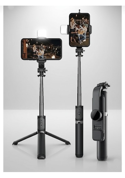 Bluetooth Kumandalı Tripodlu Işıklı Selfie Stick - Uzatılabilir, Apple Uyumlu iOS & Android Black
