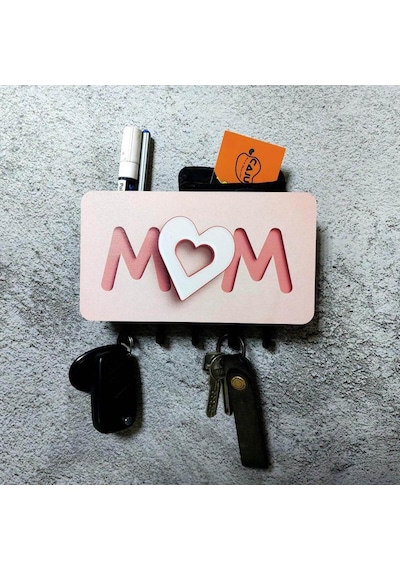 Pembe Kalpli Mom Anne Yazılı Bölmeli Anahtarlık Duvar Askılık Dekor Diğer