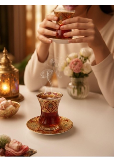 Topkapı 6 Kişilik Çay Seti, French Press Hediyeli, 9 Farklı Osmanlı Desenli Çay Bardağı Takımı 6, Topkapı Gold Çok Renkli