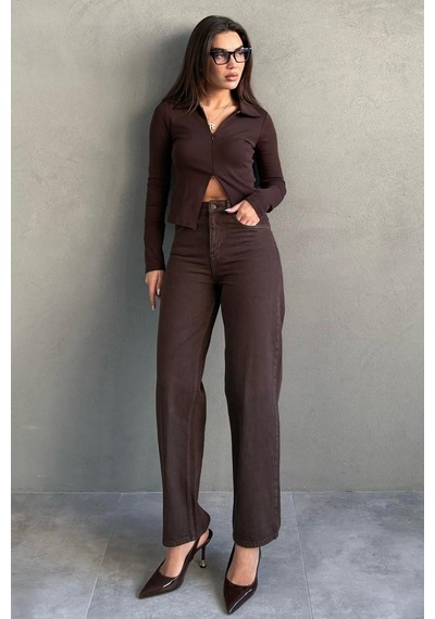 Kahverengi Yüksek Bel Mom Fit Kadın Jean Mg2654 Kahverengi