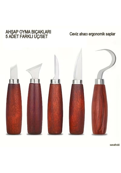 Ceviz Ağacı Ahşap Saplı, Paslanmaz Çelik Uçlara Sahip Beş Parçalık Profesyonel Oyma Yontma Bıçak Seti İskarpela