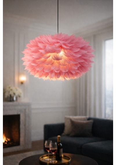 Flora Model Pembe Tüylü Modern Sarkıt Tekli Avize Pembe