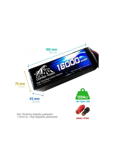 Leopard Power 16000 mAh 14.8V 4S 25C UAV & Multirotor Lityum Polimer Lipo Batarya Pil