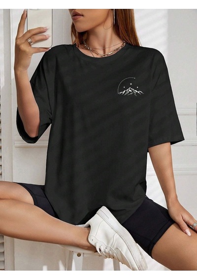 Moon Start T-shirt - Siyah Baskılı Oversize Bisiklet Yaka Kısa Kol SIYAH