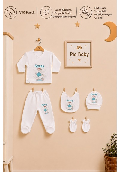 Pia Baby Kişiye Özel %100 Pamuk 5 Parça Erkek Bebek Zıbın Seti 2069z3x Krem
