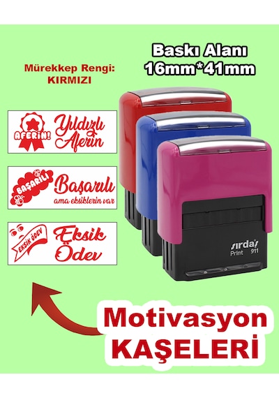 Öğretmen Motivasyon Kaşe Seti, 911 (16mm*41mm) Kırmızı Keçeli Otomatik Kaşe
