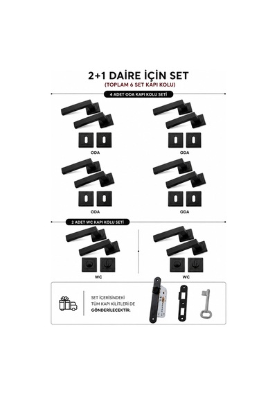 Lama Kare Rozetli Kapı Kolu 6'lı Kapı Kolu Ve 40mm Sessiz Kilit Set 2+1 Daire Için Geçerli Siyah