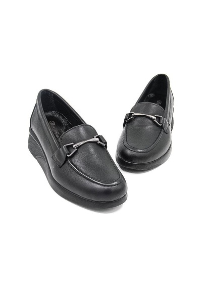 De Scario 715 Deri Toka Detaylı Deri Kadın Loafer Ayakkabı - Siyah Siyah