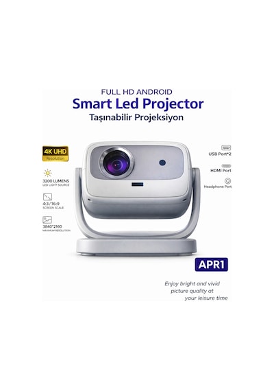Projeksiyon Cihazı Taşınılabilir Wifi 2.4+5g-6.0 4k Uhd 150 İnç Dahili Hoparlör 180 Derece Smart Led