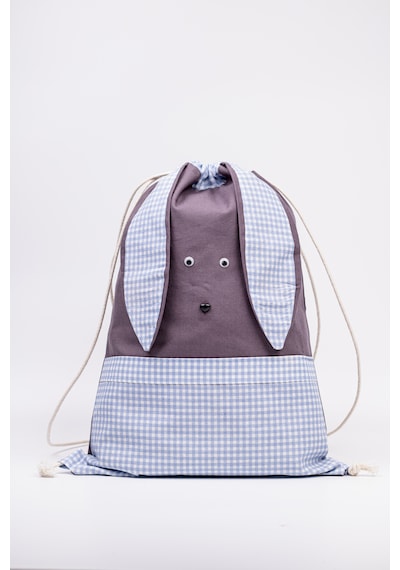 Fabric Craft Bag Tavşan Figürlü Çocuk Bez Çanta Mavi Kareli 33x45 Cm Büzgülü Koyu Gri