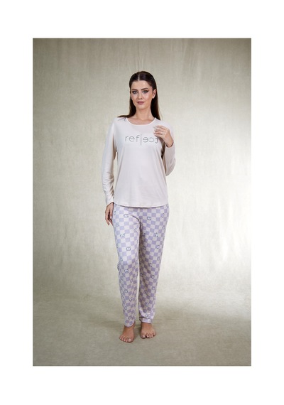 Estiva Kadın Kareli Alt Desenli Soft Uzun Kollu Pijama Takımı Bej