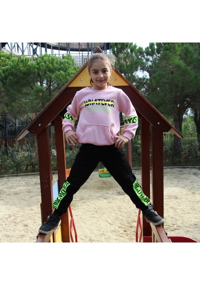Milenawear by Milena Baskılı Bisiklet Yaka Kalın Kız Çocuk Alt Üst Takım Pembe Siyah Pembe - Siyah