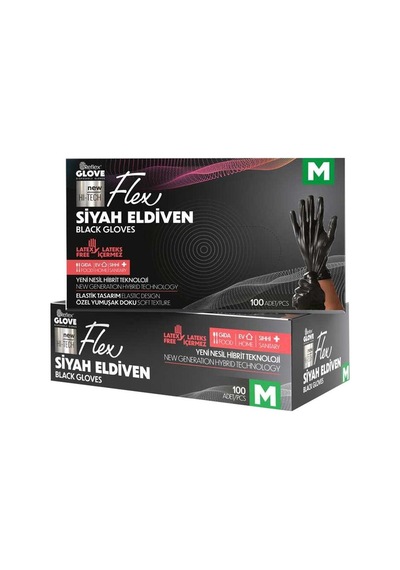 Flex Tpe Siyah Eldiven 100 Adet Medium - Tek Kullanımlık Koruyucu Eldiven 8'li Avantaj Paketi - Tarı