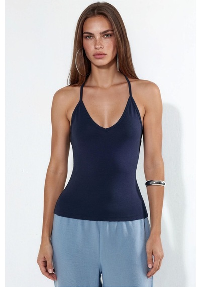 Hiccup Busem Slim Fit Halter Yaka Jarse Bluz Lacivert