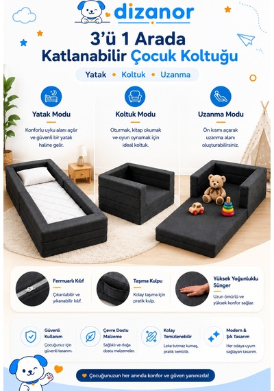 Cozygo Katlanabilir Çocuk Koltuğu Ve Yatağı 3 Ü 1 Arada Antislip Tabanlı Taşınabilir Oyun Alanı Siyah