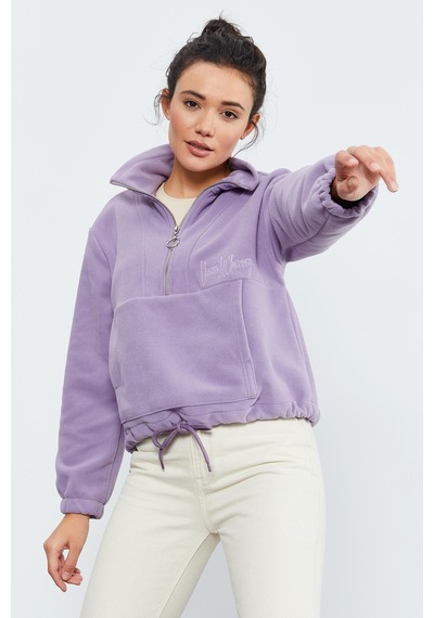 Tommy Life Eflatun Yarım Fermuar Etek Ucu Büzgülü Kadın Polar Oversize Sweatshirt - 97171 Eflatun