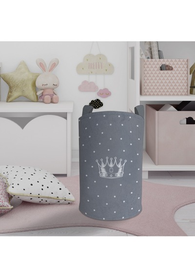 Mekta Home Bebek Ve Çocuk Odası Kral Tacı Ve Yıldız Desenli Gri Oyuncak Sepeti Renkli Çok Renkli
