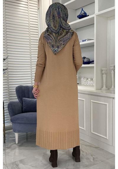 Rabia Şamlı İsra Triko Elbise Bej Normal