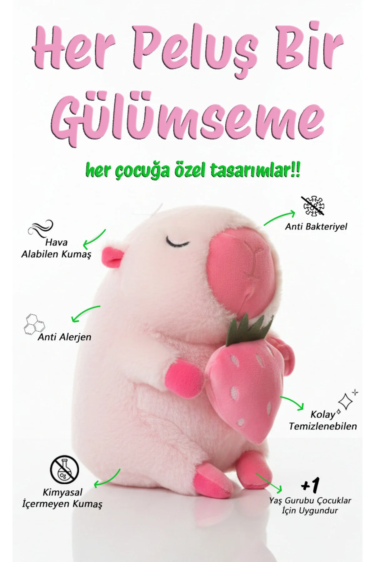 Capybara Çilekli Seri 35 Cm - Koleksiyon & Yumuşacık Açık Pembe