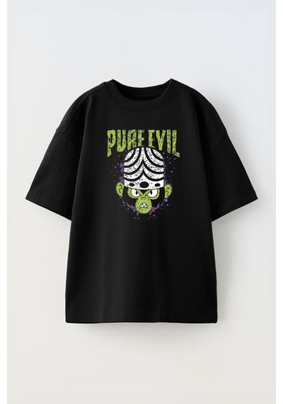 Thewert Unisex Mojo Jojo Pure Evil Tasarım Baskılı Pamuk Sıyah Oversize T-shirt Siyah
