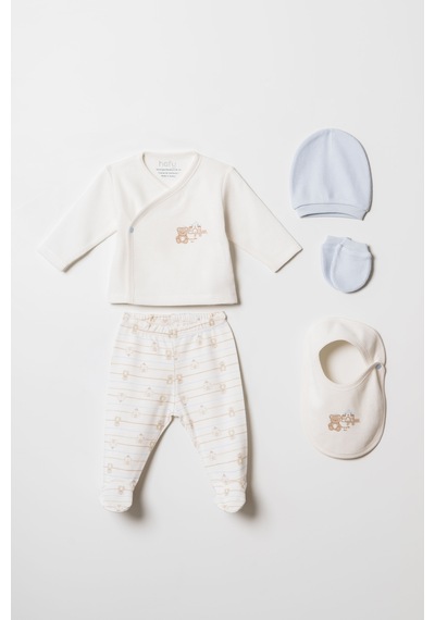 Hafy Baby 5 Parça, Ayıcık Desenli, Erkek Bebek Hastane Çıkışı Seti Ekru