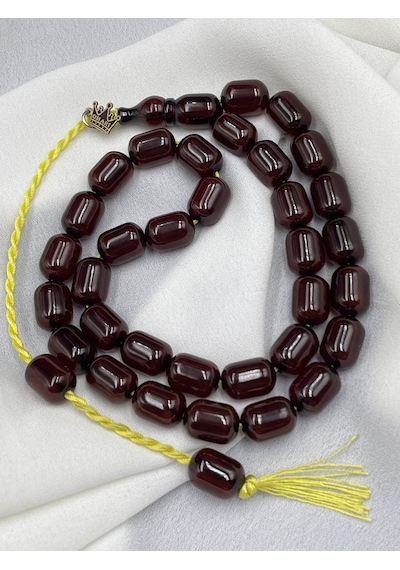 Omari Osmanlı Benzetme Kapsül Kesim Koyu Vişne Sıkma Kehribar Tesbih 9x12 Mm Bordo