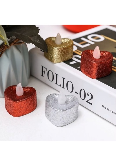 144 Adet Yüksek Kalite Simli Kalpli Renkli Led Işıklı Mum Kırmızı Gümüş Gold Kalpli Tea Light Mum