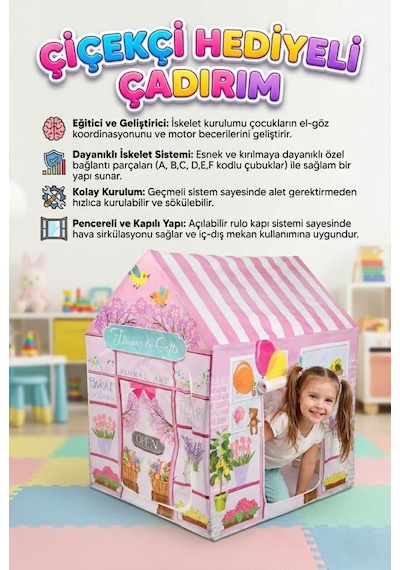 100x70 Cm Pembe Çiçekçi Dükkanı Temalı Kolay Kurulumlu Eğlenceli Çocuk Oyun Evi Çadırı Çok Renkli