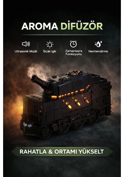 Buhar Efektli Zırhlı Tren Tasarımlı Aromaterapi Hava Nemlendirici Led Işıklı, Sessiz Ve Usb Şarjlı