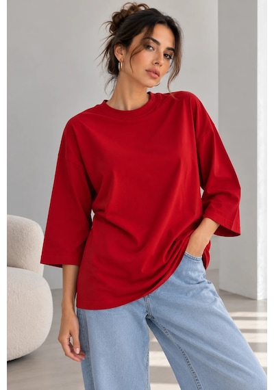 Bb Butik Basic Kadın Oversize Modal Bluz Truvakar Kol Basic Lnc34 Kırmızı
