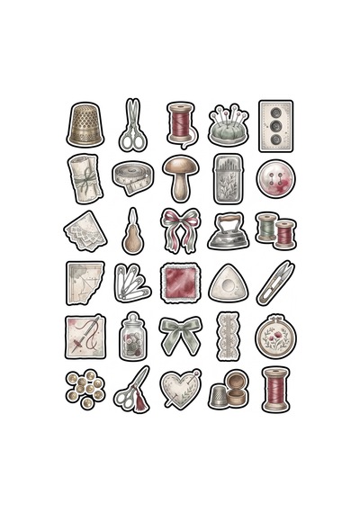 30 Adet Vintage Dikiş Temalı Sticker Seti - Laptop Ajanda Scrapbook İçin Çok Renkli