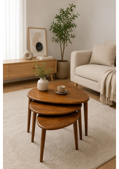 Ant Home Damla Model İskandinav Masif Kayın 3 Lü Zigon Sehpa Doğal Kayın Panel Vernikli Modern Tasarım Ceviz