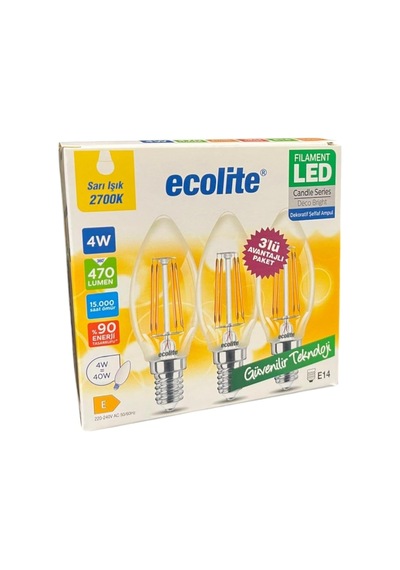 Ecolite 4w Led Filament Mum Ampul, E14 Duy, 2700k Sarı Işık, 470 Lümen, Şeffaf Cam, Akkor Görün Standart