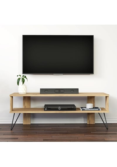 Duama TV Sehpası – Metal Ayaklı, Açık Raflı Tasarım, 120 cm, Antik Ceviz
