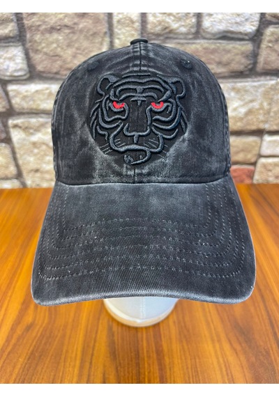 Hamze Kaplan Nakışlı Vintage Eskitme Yıkamalı Gabardin Cap Şapka Siyah