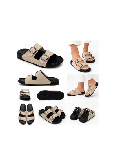N Napa Shoe Pld.5002k.bej Napa Shoe Kadın Çift Tokalı Comfort Terlik Bej / Siyah Taban