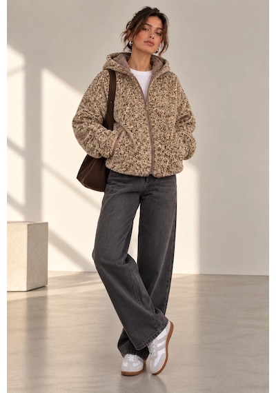 Bb Butik Basic Kadın Kapüşonlu Fermuarlı Peluş Ceket Oversize Rahat Kesim My3535 Kahverengi