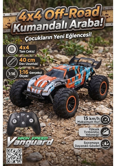 40 Cm Dev Boy 4x4 Uzaktan Kumandalı Araba 1:16 Ölçek Şarjlı Off-road Arazi Aracı Turuncu Mavi